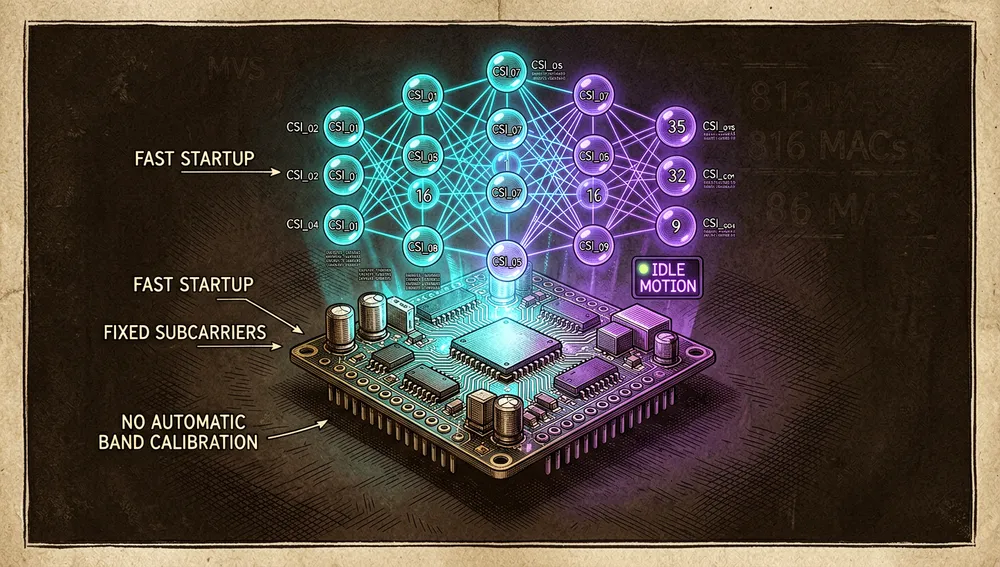Una visualización técnica en primer plano del detector ML experimental de ESPectre, una red neuronal MLP opcional con arquitectura 9 a 32 a 16 a 1, flotando sobre una placa ESP32 con nueve nodos de entrada representando mediciones estadísticas de CSI de una ventana deslizante, las capas renderizadas como esferas neón translúcidas con contadores de operaciones MAC mostrando "816 MACs", pesos preentrenados fluyendo como paquetes de datos encriptados, contrastando con el detector matemático MVS por defecto