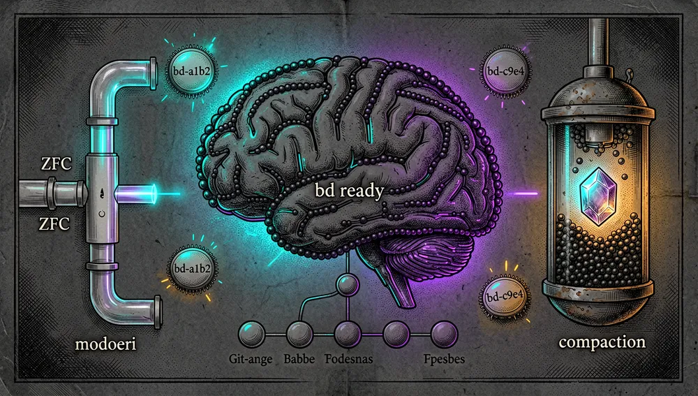 Una imagen conceptual de la filosofía agent-first de Beads, con un gran circuito-cerebro en modo oscuro hecho de beads y aristas de dependencia representando memoria estructurada, una sección mostrando bd ready seleccionando automáticamente tareas sin bloqueos, chips de ID sin colisión, una cámara de compactación comprimiendo beads cerrados antiguos en un cristal de memoria semántica, y una zona ZFC de pipeline tonto sin lógica de ranking