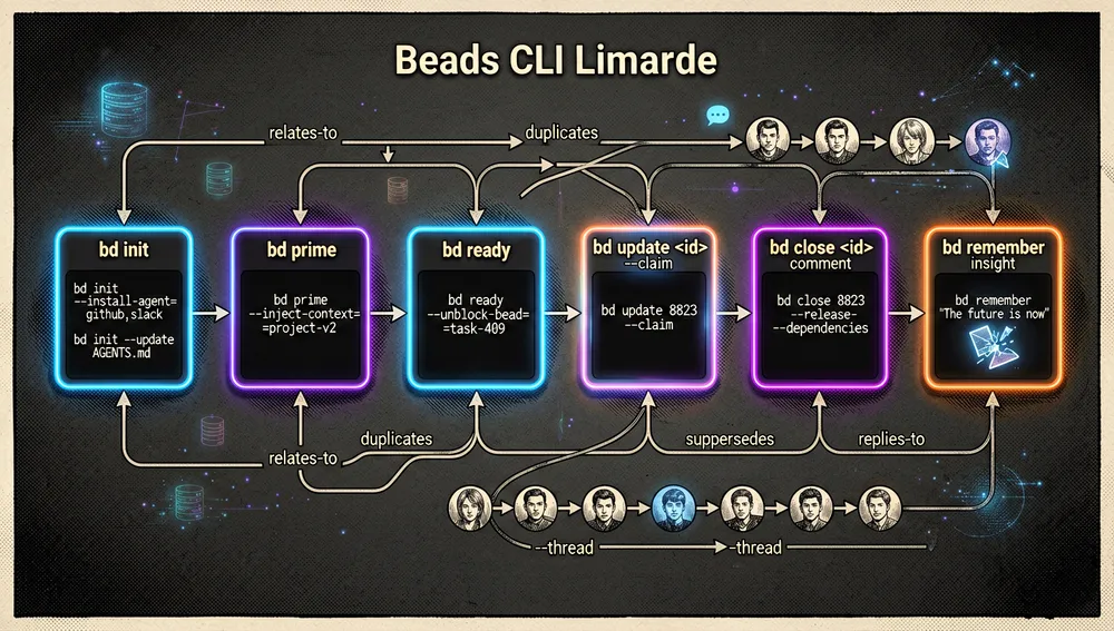 Un diagrama de flujo cinematográfico en modo oscuro mostrando el ciclo de vida de la CLI de Beads, con seis estaciones neón dispuestas en un pipeline circular: bd init instalando integraciones de agentes, bd prime inyectando contexto persistente, bd ready iluminando beads sin bloqueos, bd update --claim colocando un candado atómico, bd close liberando dependencias, y bd remember almacenando un fragmento de memoria brillante