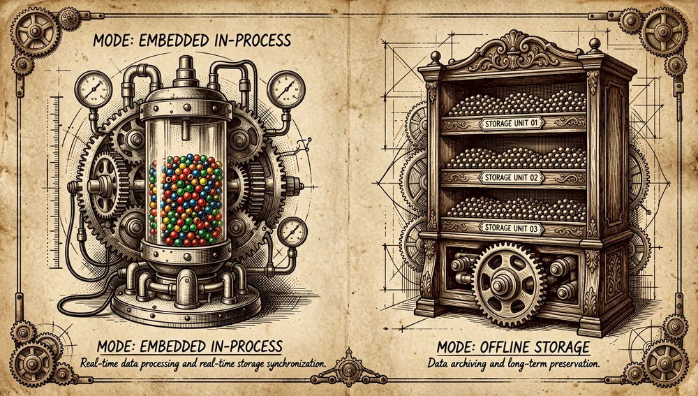 Una ilustración técnica del almacenamiento de Beads con Dolt en dos modos: a la izquierda, un núcleo Dolt embebido en proceso con un único escritor y datos en .beads/embeddeddolt/; a la derecha, un servidor dolt sql-server externo atendiendo a varios escritores concurrentes, con líneas de sincronización neón hacia un remoto git y un archivo issues.jsonl marcado como exportación, no como fuente de verdad