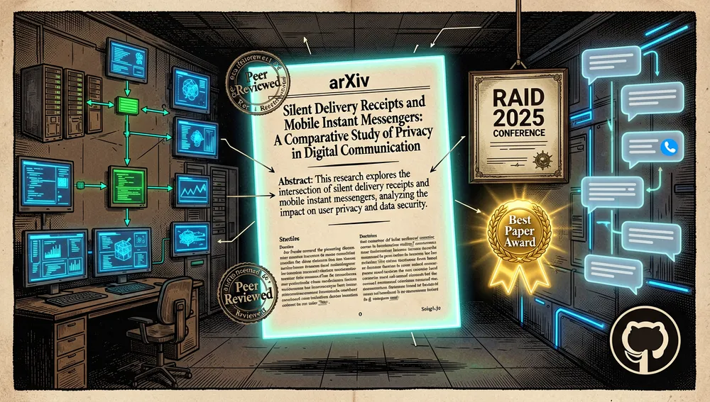 Una visualización cyberpunk oscura del origen académico del proyecto: un artículo de investigación brillante estilo arXiv flotando en un laboratorio digital, rodeado de símbolos de revisión por pares, líneas de citación, una insignia de conferencia RAID 2025 y un sello dorado de Best Paper Award emitiendo luz neón suave, con un icono de repositorio de GitHub cercano sugiriendo la traducción ejecutable de la investigación académica en código