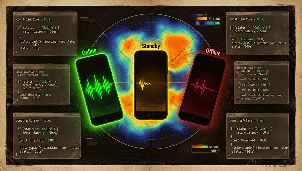 Una imagen de estado dramática con tres siluetas de smartphone flotantes en composición triangular: el teléfono izquierdo brilla en verde con la etiqueta "Online" y una forma de onda RTT rápida, el teléfono central brilla en ámbar con "Standby" y pulsos de latencia más lentos, el teléfono derecho es rojo con "Offline" y sin señal de confirmación, detrás una gran pantalla de radar mapea patrones de actividad del usuario a lo largo del tiempo con mapas de calor mostrando periodos de uso, reposo y desconexión