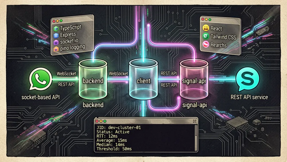 Una imagen de espacio de trabajo de desarrollador cyberpunk representando el stack y arquitectura verificados del proyecto: un diagrama central de Docker Compose con tres contenedores brillantes etiquetados backend, client y signal-api, conectados por flujos WebSocket y REST API, con paneles translúcidos flotantes mostrando TypeScript, Express, socket.io, pino, ws, React, Tailwind CSS y Recharts, y una ventana de terminal con salida CLI mostrando JID, estado, RTT, media, mediana y umbral