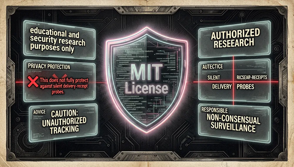 Una imagen de investigación de seguridad ética mostrando la frontera entre demostración y mal uso, con un emblema en forma de escudo hecho de líneas de código y una insignia de licencia MIT brillando suavemente, una etiqueta de advertencia que dice "educational and security research purposes only", paneles translúcidos alrededor mostrando consejos de protección de privacidad, requisitos de consentimiento y notas de divulgación responsable, un usuario desactivando las confirmaciones de lectura con una pequeña X roja indicando que esto no protege completamente, y una línea de frontera legal/ética separando la investigación autorizada de la vigilancia no consentida