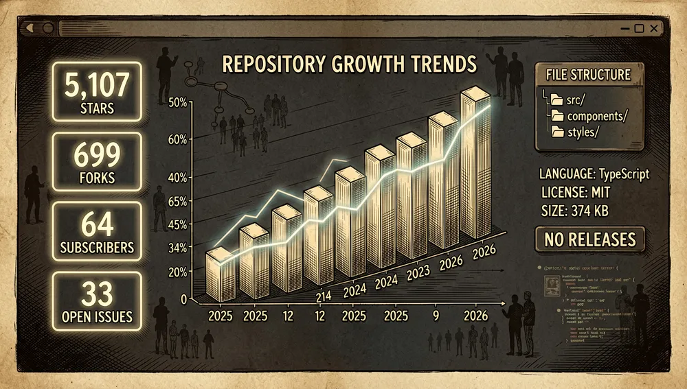 Un panel de datos hero para métricas de repositorio: un gran panel de analítica en modo oscuro muestra estadísticas de GitHub en tarjetas neón brillantes: 5.107 estrellas, 699 forks, 64 suscriptores, 33 incidencias abiertas, TypeScript como lenguaje principal, licencia MIT, tamaño de repositorio de 374 KB, sin releases, y una línea de tiempo de diciembre de 2025 a septiembre de 2026, con un gráfico de barras 3D central mostrando el crecimiento a lo largo del tiempo