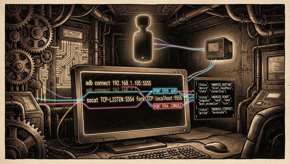 Eine dunkle Kontrollraumszene, fokussiert auf die ADB-Fernsteuerung eines headless Android-Emulator-Containers, im Vordergrund zeigt ein futuristisches Terminal eine leuchtende Befehlssequenz für adb connect, mit dünnen neonfarbenen Port-Weiterleitungslinien, die durch ein socat-Relay von eth0 nach localhost verlaufen, zwei leuchtende Netzwerkports hervorgehoben: 5555 für ADB und 5554 für die Emulator-Konsole, ein kleiner JSON-Statusfeed schwebt neben dem Terminal und zeigt Statusaktualisierungen wie ANDROID_BOOTING, ANDROID_READY und ANDROID_STOPPED