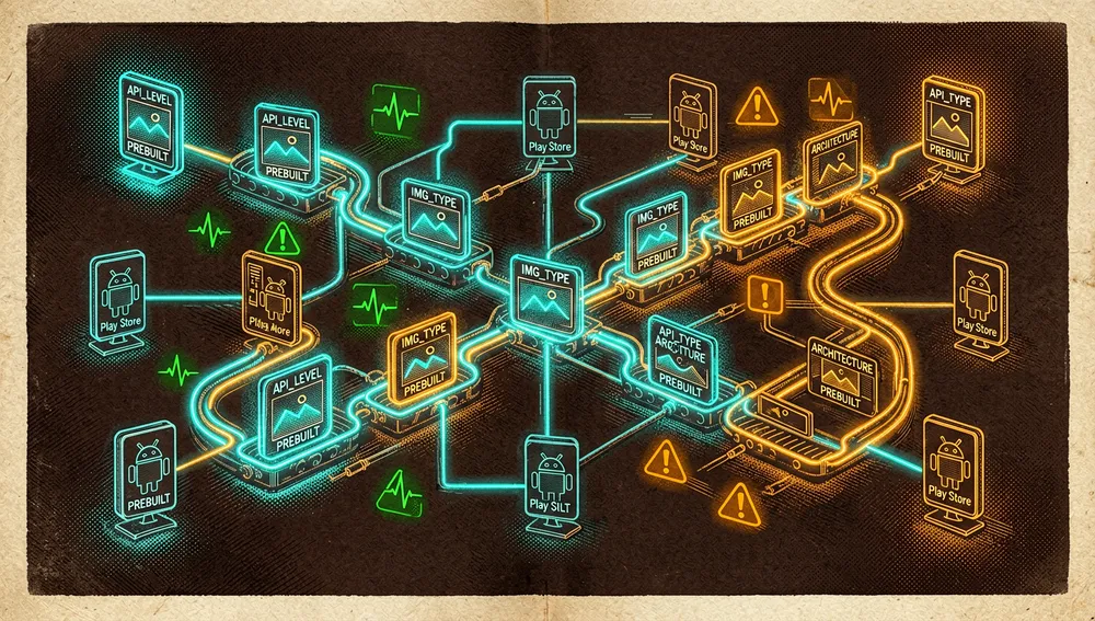 Eine futuristische CI-Pipeline-Visualisierung zum Bauen und Testen von Android-Emulator-Images über mehrere API-Level hinweg, eine zentrale Build-Pipeline verzweigt sich in eine Matrix leuchtender Container-Karten, jede repräsentiert ein anderes Android-API-Level, einen Image-Typ und eine Architektur, mit dezenten Beschriftungen für API_LEVEL, IMG_TYPE, ARCHITECTURE und vorkompilierte Tags, manche Karten zeigen Google-APIs-Varianten, andere Play-Store-Varianten, und jede verbindet sich mit einer separaten headless Emulator-Instanz, gerendert als dunkles neuronales Netzwerk aus Neon-Pfaden mit grünen Erfolgsimpulsen