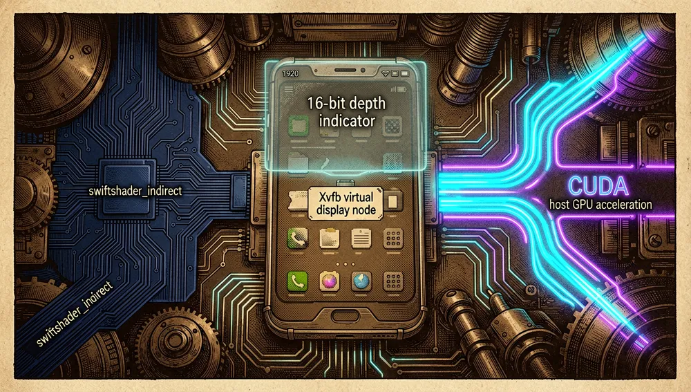 Eine dunkle GPU-beschleunigte Rendering-Kammer innerhalb eines headless Android-Emulator-Containers, links wird ein Software-Rendering-Pfad als gedämpfter blauer Schaltkreis beschriftet mit swiftshader_indirect gezeigt, während rechts ein heller GPU-Pfad mit CUDA- und Host-GPU-Beschleunigung leuchtet, ein virtuelles Framebuffer-Panel erscheint als transparenter holografischer 1920x1080-Bildschirm mit einer 16-Bit-Tiefenanzeige, verbunden mit einem virtuellen Xvfb-Anzeigeknoten