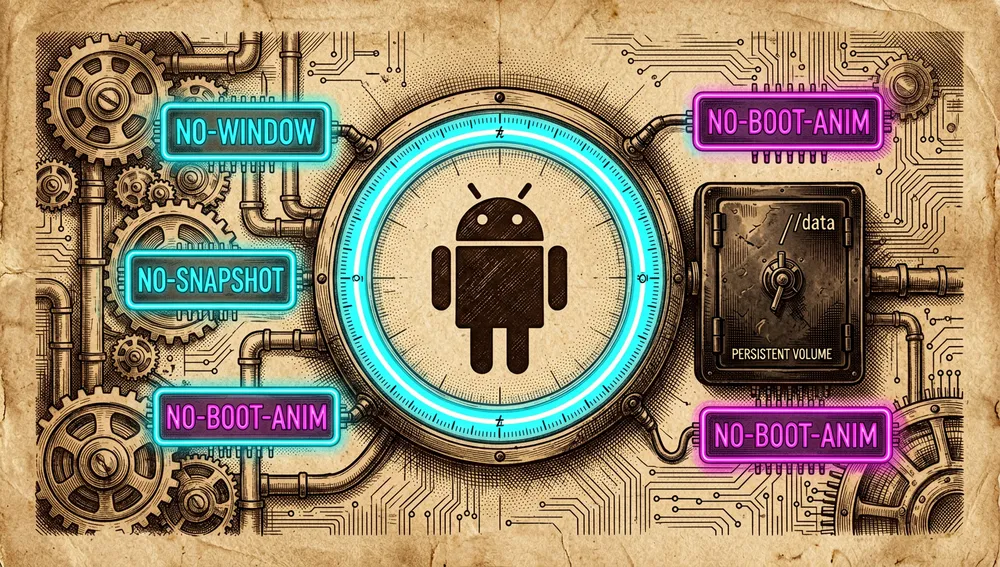 Ein Mechanismus zum Zurücksetzen auf einen sauberen Zustand für einen Android-Emulator-Container, visualisiert als kreisförmige Datenlöschkammer, eine headless Android-Geräte-Silhouette befindet sich im Zentrum, umgeben von einem leuchtenden Löschring, der temporären Zustand, Caches und Snapshots bei jedem Neustart entfernt, an einer Seite erstreckt sich ein optionales persistentes Volume mit der Bezeichnung /data als sichere dunkle Speicherkapsel nach außen, während der Standardpfad sauber und reproduzierbar bleibt, kleine schwebende Flaggen zeigen no-window, no-snapshot und no-boot-anim als minimalistische Neon-Chips