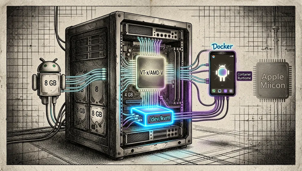 Eine Linux-Host-Server-Umgebung, erforderlich zum Ausführen eines containerisierten Android-Emulators mit KVM-Beschleunigung, die Szene zeigt ein dunkles Server-Rack mit einem leuchtenden /dev/kvm-Gerätemodul, einem Virtualisierungs-BIOS-Chip beschriftet mit VT-x/AMD-V, und einem Docker-Engine-Kern verbunden mit einer Container-Laufzeitumgebung, schwebende Systemindikatoren zeigen x86_64-Unterstützung, 4 GB Speicher, 8 GB Festplatte, und einen headless Android-Container, der vom Host aus startet, eine dezente Warnsilhouette deutet auf nicht unterstützte Apple-Silicon-Architektur hin, gerendert als gedimmter Chip außerhalb der Hauptsystemgrenze