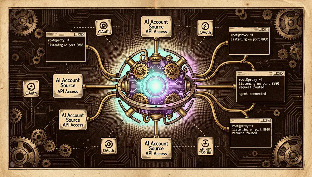 Una visualización futurista de arquitectura de proxy local en un escritorio de macOS, con un nodo de proxy brillante en el centro de un diseño oscuro tipo circuito, recibiendo solicitudes de múltiples cuentas de IA y enrutándolas hacia agentes de línea de comandos, con flujos de datos neón ramificándose desde el proxy hacia ventanas de terminal en curvas suaves