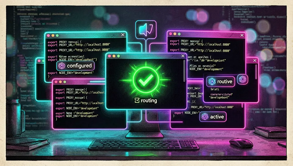 Un primer plano cyberpunk de varios agentes de programación por línea de comandos configurándose con un clic para enrutarse a través de un proxy local, ventanas de terminal con prompts de comando brillantes, variables de entorno y fragmentos de configuración superpuestos, cada una conectada por una línea neón fina a un icono central de barra de menús de macOS, con una marca de verificación verde en una ventana mostrando conexión exitosa