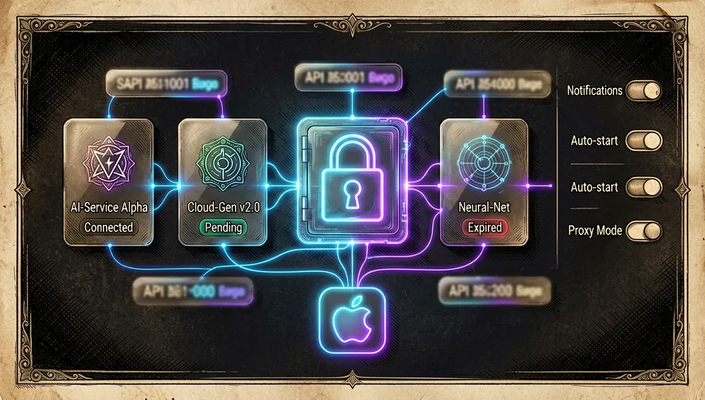 Una escena segura de gestión de credenciales de macOS con tarjetas de proveedor OAuth y tokens de claves API para múltiples servicios de IA, tarjetas de cristal flotantes mostrando insignias de autenticación abstractas, iconos de proveedores y etiquetas de estado como conectado, expirado o pendiente, dispuestas alrededor de un icono central de bóveda cifrada