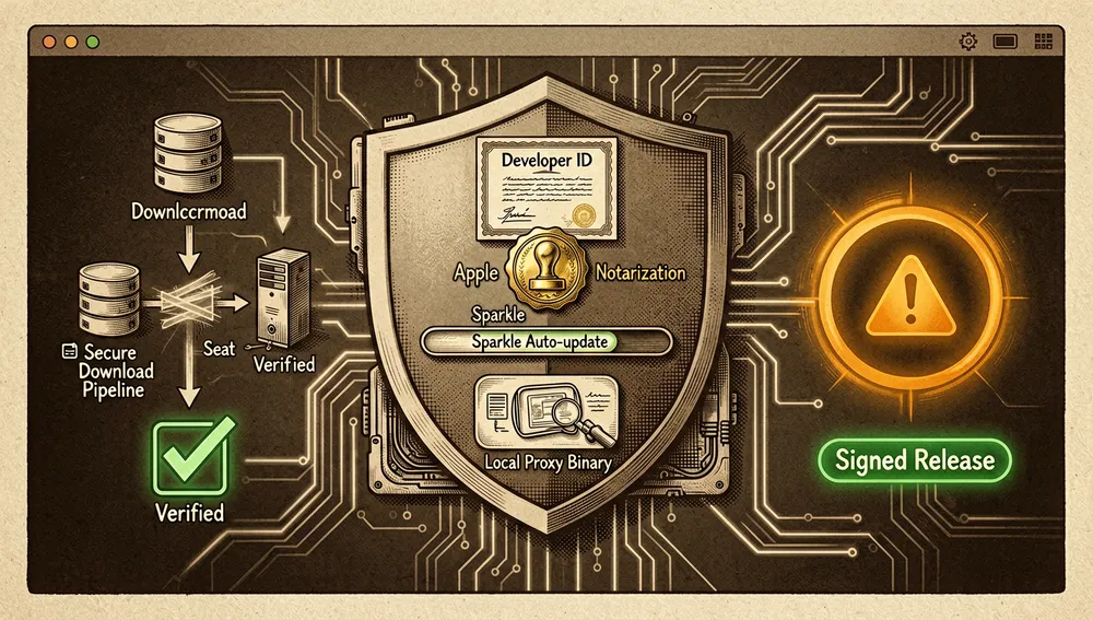 Una imagen temática de seguridad y cadena de suministro para una app nativa de macOS de gestión de IA, un icono de escudo rodeando un paquete de app de macOS, con capas visuales representando firma Developer ID, notarización de Apple, auto-actualización Sparkle y un binario de proxy descargado localmente, una capa mostrando un pipeline de descarga seguro con rastros de paquetes cifrados y una marca de verificación