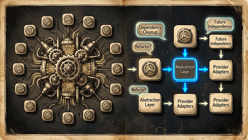 Un concepto de hoja de ruta de código abierto mostrando la evolución arquitectónica de una app de barra de menús de macOS desacoplándose de una dependencia externa de proxy, a la izquierda un gran núcleo de proxy central fuertemente conectado a la app, a la derecha la arquitectura refactorizada en un sistema modular más limpio: la app, una capa de abstracción, adaptadores de proveedor y un módulo de proxy intercambiable, burbujas de hilo de discusión brillantes y etiquetas de versión flotando alrededor del diagrama