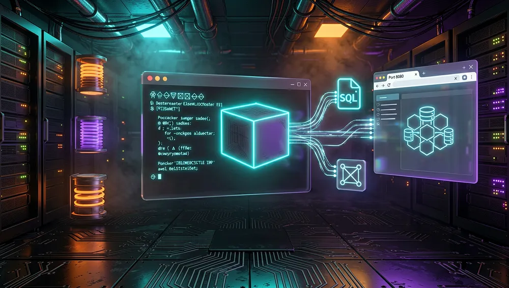 Una detallada ilustración cyberpunk en modo oscuro de una ventana de terminal de desarrollador flotando sobre un servidor local, una interfaz de línea de comandos mínima muestra líneas abstractas de comandos Docker como glifos de código brillantes, un cubo en forma de contenedor Docker se materializa desde el terminal y se conecta a un icono de archivo SQLite y un núcleo de base de datos PostgreSQL, luego abre un dashboard representado por una pestaña de navegador brillante en el puerto 8080