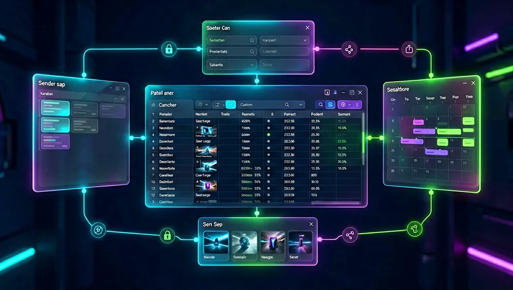 Un concepto de UI cyberpunk en modo oscuro mostrando una tabla de base de datos exhibida simultáneamente en múltiples vistas colaborativas, en primer plano una cuadrícula de hoja de cálculo de alta resolución muestra columnas ordenables, filtros, filas agrupadas, celdas de fórmula y miniaturas de adjuntos, junto a paneles de cristal translúcidos flotantes que muestran un tablero Kanban con tarjetas de tareas, una línea de tiempo de calendario con bloques de eventos, un panel de entrada de formulario y una vista de galería con adjuntos de imagen