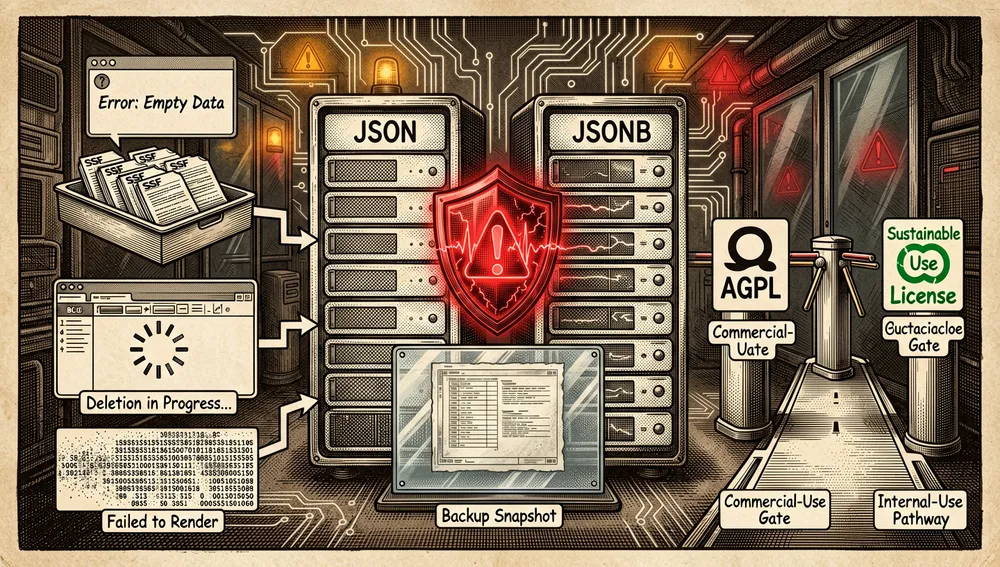 Una ilustración cyberpunk cautelar sobre cambios de esquema de base de datos, seguridad de datos e implicaciones de licencia, un esquema relacional muestra una columna JSON transformándose en JSONB, con un escudo de advertencia brillante y una instantánea de respaldo evitando la pérdida de datos, un lado muestra una bandeja de importación CSV con un toast de error vacío, una operación de borrado de fila congelada en un bucle de carga, y un adjunto de imagen BLOB de SQLite fallando al renderizar, el otro lado muestra un documento de licencia transformándose de un símbolo AGPL de código abierto a un símbolo de Sustainable Use License