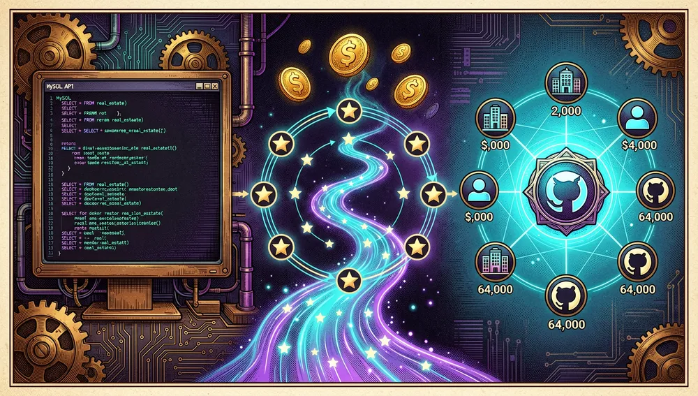 Una ilustración cyberpunk oscura de línea de tiempo mostrando la evolución de una plataforma de base de datos autoalojada, de un proyecto de pasión de 2017 a un ecosistema de código abierto de gran escala, a la izquierda un terminal temprano muestra código abstracto de API MySQL y un flujo de datos inmobiliarios, en el medio una explosión de estrellas de GitHub forma una órbita brillante de estrellas, flujos de descarga de Docker suben como ríos de datos, y monedas de financiación semilla flotan sobre nodos de inversores, a la derecha un dashboard de plataforma moderna se conecta a iconos de edificios empresariales, 2.000 nodos de empresas, y 64.000 estrellas de GitHub orbitando el emblema central