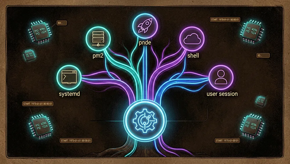 Una detallada visualización cyberpunk en modo oscuro de causalidad de procesos, un nodo de proceso central brillante conectado por líneas luminosas a un árbol ascendente de ascendencia, con nodos abstractos etiquetados por iconos simbólicos para systemd, pm2, node, shell, contenedor y sesión de usuario, estelas de luz neón azul, cian y violeta fluyendo hacia arriba, un gráfico limpio estilo terminal con profundidad y paralaje, insignias PID flotantes, contadores de reinicio e indicadores de tiempo de inicio representados como chips brillantes minimalistas