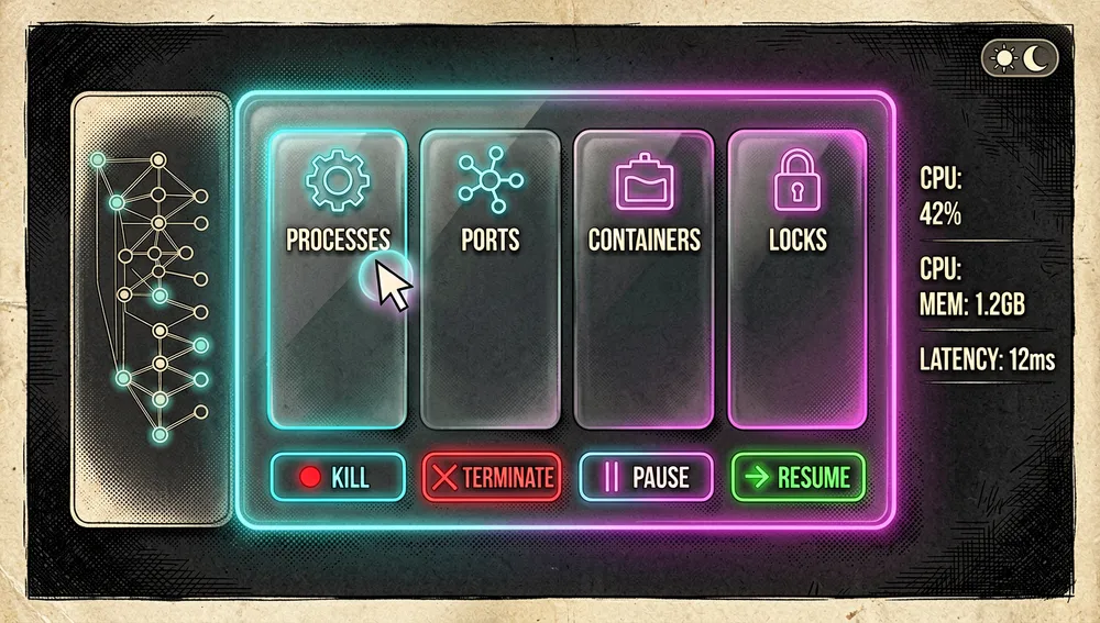 Una futurista interfaz de usuario de terminal interactiva renderizada como un holograma cyberpunk oscuro, cuatro paneles de pestaña brillantes etiquetados por iconos abstractos para procesos, puertos, contenedores y bloqueos, un panel lateral mostrando un árbol de ascendencia de proceso resaltado, métricas actualizándose en tiempo real, botones de señal representados como iconos neón para kill, terminate, pause y resume, indicadores de actualización adaptativa, cursor de navegación con ratón con brillo suave, alternador de tema claro/oscuro representado por un pequeño glifo luna-sol
