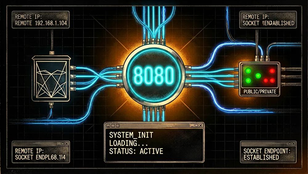 Una escena dramática oscura enfocada en la resolución de puertos de red: un número de puerto brillante representado como una insignia neón abstracta sobre un terminal, conectado por cables de datos luminosos a un nodo de proceso, un icono de contenedor, un indicador de red pública/privada y un endpoint de socket, paneles circundantes mostrando IP remota y sesión de terminal como glifos abstractos, fondo negro profundo con cuadrícula sutil, acentos neón cian, azul eléctrico y ámbar cálido, iluminación volumétrica