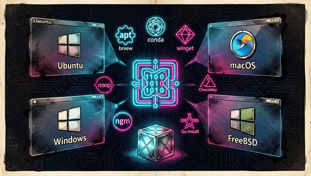 Un concepto de instalación de herramienta de desarrollador multiplataforma en estilo cyberpunk oscuro, cuatro paneles holográficos flotantes de sistema operativo para Linux, macOS, Windows y FreeBSD, cada uno conectado a un icono binario central brillante, insignias de gestor de paquetes representadas por símbolos neón abstractos para apt, brew, conda, winget, Chocolatey, Scoop, npm e instalación Go, un concepto de binario estático único mostrado como un artefacto compacto brillante, fondo oscuro limpio, acentos neón azul y magenta