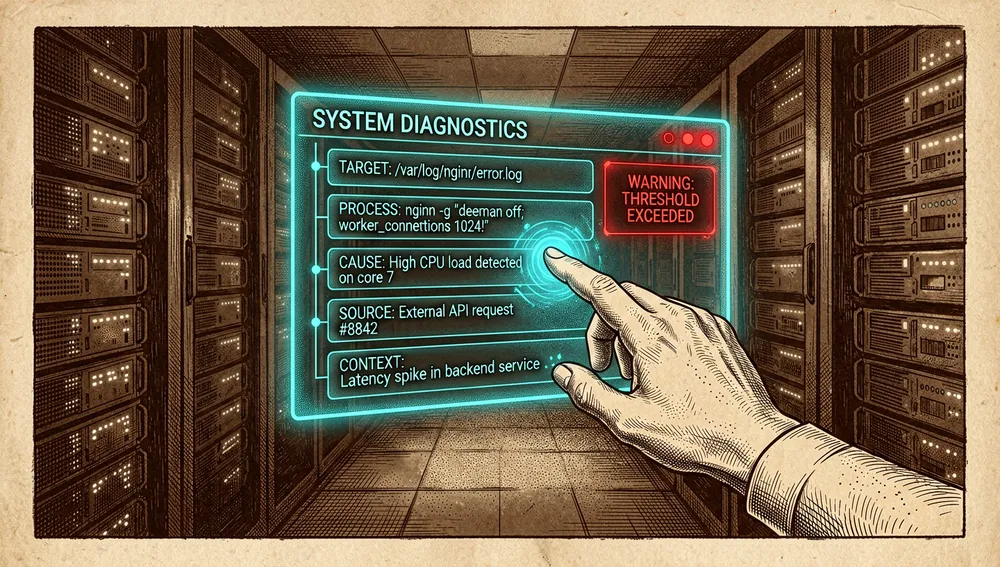 Una escena cinematográfica de respuesta a incidentes en modo oscuro: una sesión de terminal SSH flotando sobre un rack de servidores, la mano de un desarrollador extendiéndose hacia un árbol de proceso holográfico, la interfaz de la herramienta explicando calmadamente un proceso en ejecución con secciones concisas para objetivo, proceso, causa, fuente, contexto y advertencias, indicadores de estado brillantes, diseño legible de bajo estrés, acentos cian neón y blanco suave, iluminación ambiental de sala de servidores oscura, atmósfera de diagnóstico de alta tecnología, diseño de UI premium