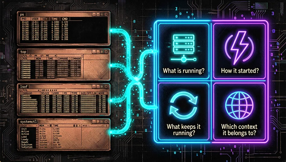 Una imagen conceptual cyberpunk oscura contrastando herramientas tradicionales de procesos con explicación causal: a la izquierda, pequeños paneles tenues representando ps, top, lsof, ss, systemctl y docker ps mostrando solo estado bruto y metadatos; a la derecha, un panel central brillante respondiendo cuatro preguntas abstractas con iconos brillantes para qué está corriendo, cómo empezó, qué lo mantiene corriendo y a qué contexto pertenece, una ruta causal luminosa conectando ambos lados, acentos neón azul, violeta y cian, interfaz oscura elegante