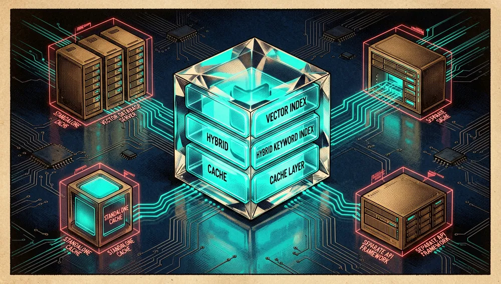 Eine konzeptionelle dunkle Tech-Illustration einer integrierten KI-Backend-Architektur, die die Notwendigkeit separater Infrastruktur beseitigt, ein zentrales kristallines Modul mit drei internen Kammern — Vektorindex, hybrider Schlüsselwortindex, Cache-Schicht — verschmolzen zu einem kompakten Engine, blasse rote holografische Durchstreichungen über abstrakten externen Komponenten wie einem Vektordatenbankserver und einem eigenständigen Cache, dunkle Farbpalette mit Schwarz und Dunkelblau mit Neon-Teal-Highlights, klare futuristische Linien, leuchtende innere Kammern, ultra-detailliertes 3D-Rendering, 8K