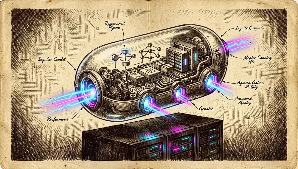 Ein futuristischer Docker-Container, der als eigenständiger KI-Anwendungsdienst fungiert, eine elegante leuchtende Kapsel mit durchscheinenden Wänden, die einen internen Pathway-artigen Engine, Vektorindex, Hybridindex, Cache und eine LLM-Bereitstellungsschicht zeigt, außen erscheinen mehrere HTTP-API-Endpunkte als beleuchtete Ports oder Tore, die Neon-Anfrage-Antwort-Ströme senden und empfangen, die Kapsel steht auf einem dunklen Server-Rack mit dezenter Cyberpunk-Beleuchtung, Schwarz, Graphit, elektrisches Blau, Cyan und Magenta, ultra-detailliertes 3D-Rendering, sanftes Glühen, reflektierende Oberflächen, 8K