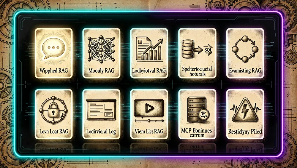 Ein holografischer Katalog von zehn KI-Anwendungsvorlagen, angeordnet in einem dunklen Cyberpunk-Dashboard, zehn leuchtende Karten im Raster, jede mit einem eigenen abstrakten Icon — Sprechblase, Vektorgitter, Dokument mit Diagrammen, Datenbank-zu-SQL-Fluss, kostensparende adaptive Schleife, lokaler sicherer Knoten, Präsentationsfolie, Video-Zeitleiste, Protokollserver, Warnpuls — schwebend über einer dunklen reflektierenden Oberfläche mit Neon-Kanten, dunkler Hintergrund, cyan- und violettfarbene Neon-Akzente, 8K