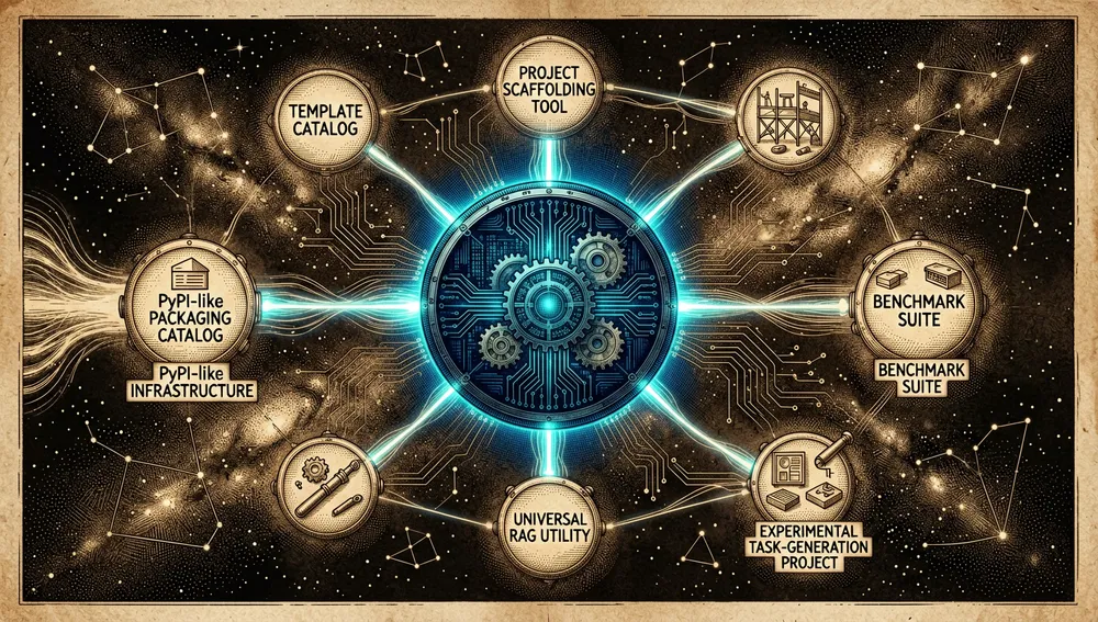 Ein Ökosystem-Diagramm einer KI-Framework-Familie einer Softwareorganisation, dargestellt als dunkle kosmisch-technische Konstellation, ein leistungsstarker Rust-basierter zentraler Kern, der mit tiefblauer und cyanfarbener Energie leuchtet und das Hauptframework repräsentiert, umkreisende Satelliten-Repositorys und -Werkzeuge — ein Vorlagenkatalog, eine Benchmark-Suite, ein Projekt-Scaffolding-Tool, ein universelles RAG-Werkzeug, ein experimentelles Aufgabengenerierungsprojekt — dünne leuchtende Linien verbinden die Knoten, ein markanter Strom fließt von PyPI-artiger Paketierungsinfrastruktur in den zentralen Engine, Sternenfeld-Details, schaltkreisartige Konstellationen, volumetrisches Licht, ultra-detaillierter dunkler Cyberpunk-Stil, 8K
