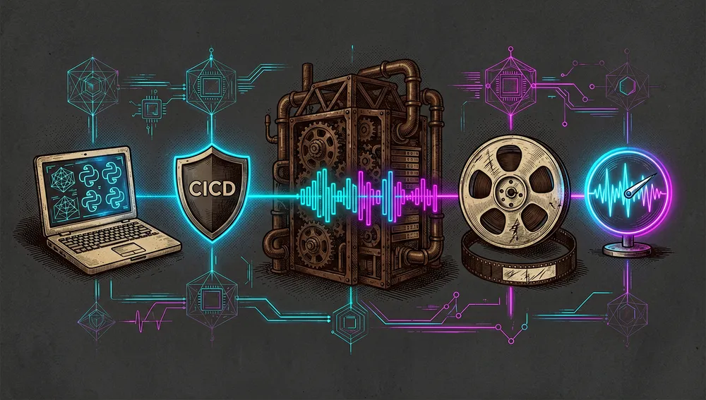 Eine Cyberpunk-Visualisierung im dunklen Modus einer einzigen vereinheitlichten Pipeline über fünf Umgebungen hinweg: ein Laptop, ein CI/CD-Schild, ein Batch-Lager, ein Replay-Band und eine Live-Stream-Bake, alle verbunden durch denselben leuchtenden Codegraphen, identische Neon-Datenpakete durchlaufen jede Umgebung, ohne ihre Form zu ändern, wodurch die Vereinheitlichung von Batch und Stream betont wird, Python-artige abstrakte Skript-Glyphen und Rust-Engine-Kerne, holografische Zweige, tiefer kohleschwarzer Hintergrund, Neon-Cyan und Magenta, ultra-detailliert, 8K