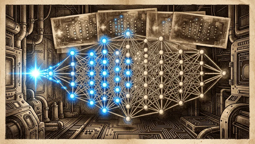 Ein Bild inkrementellen differenziellen Dataflows: ein einziges kleines Daten-Delta tritt in einen dichten neuronalen Graphen ein und veranlasst nur eine präzise Kette betroffener Knoten, zu pulsieren und neu zu berechnen, während der Rest gedimmt bleibt, Welleneffekte, leuchtende Abhängigkeitskanten, Vorher-Nachher-Zustandsebenen, zeitverschobene Schnappschüsse, dunkles Cyberpunk-Labor, elektrisch-blaue und bernsteinfarbene Akzente, ultra-detailliert, 8K