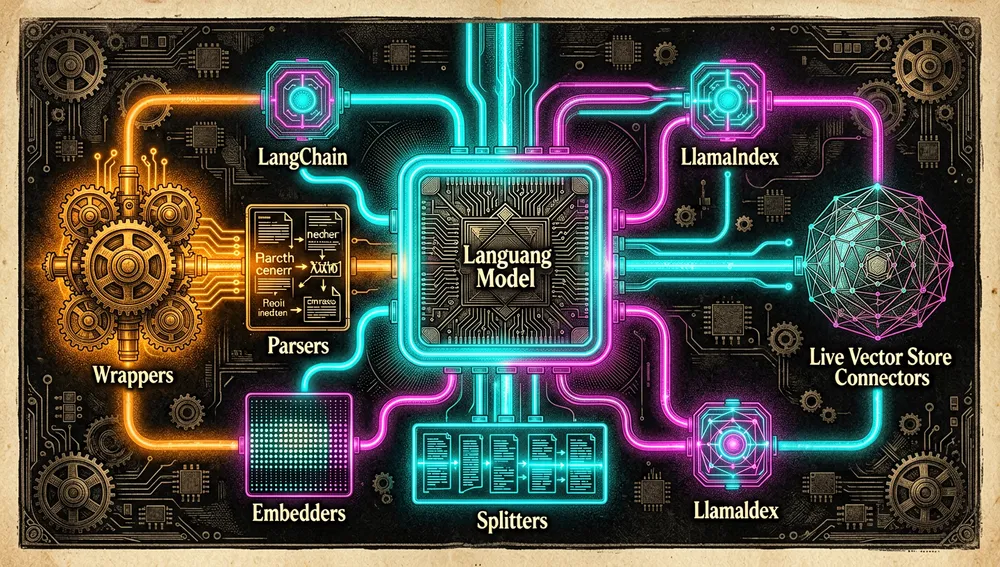 Ein modulares Neon-Kontrollboard, das eine LLM-Erweiterung darstellt: leuchtende Panels für Wrapper, Parser, Embedder, Splitter und Live-Vektorspeicher-Connectors, Pipelines verbinden Sprachmodell-Kerne mit Dokumenten-Parsern, Embedding-Matrizen, Chunk-Splittern und Vektordatenbanken, abstrakte Integrationsknoten für LangChain und LlamaIndex, dunkler Modus, Cyberpunk-Tech-Ästhetik, elektrisch-cyanfarbene, magentafarbene und bernsteinfarbene Akzente, ultra-detailliert, 8K