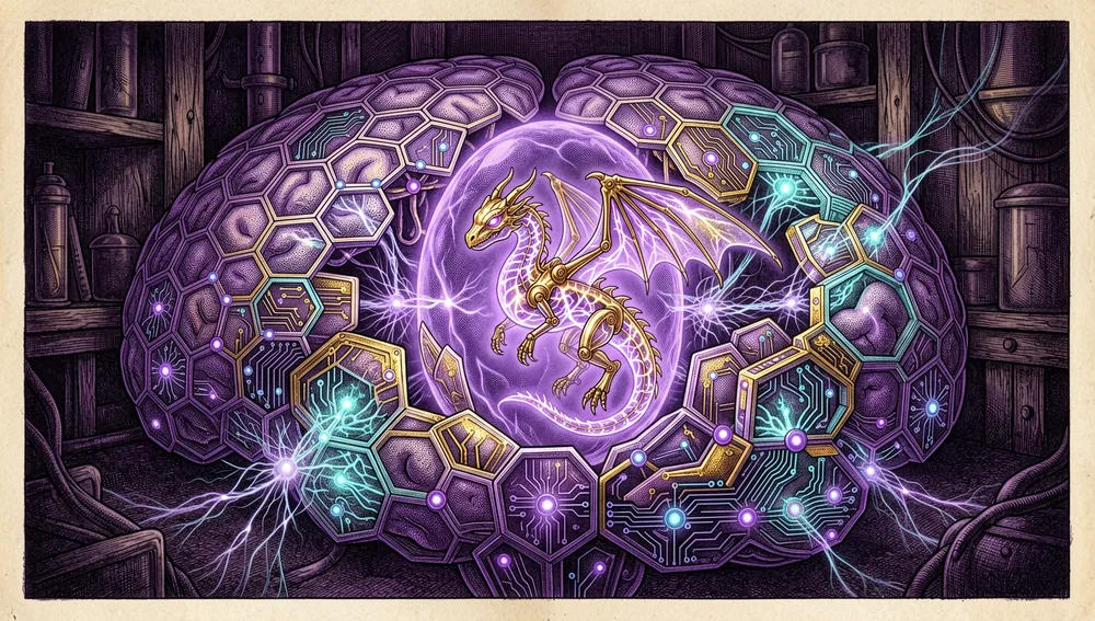 Eine post-transformer Dragon-Hatchling-Architektur: ein vom Gehirn inspirierter rekurrenter neuronaler Kern mit einem kleinen leuchtenden Drachenbaby in seinem Zentrum, umgeben von transformer-artigen Attention-Schichten und biologischen Synapsengittern, das Bild zeigt eine Brücke zwischen transformer-artiger Geometrie und hirnartiger Rekurrenz, Energieimpulse, die durch Gedächtniszellen schleifen, dunkles Labor, Neon-violette, cyanfarbene und goldene Akzente, ultra-detailliert, 8K