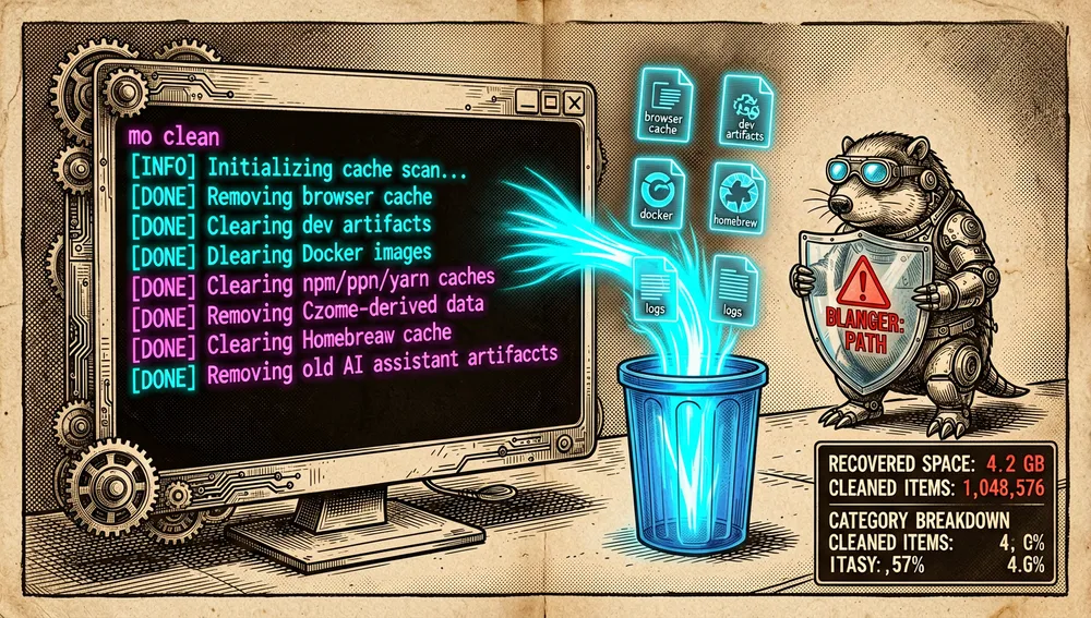 Una escena de terminal detallada en modo oscuro para el comando mo clean: una interfaz de línea de comandos brillante escaneando y eliminando cachés, registros, archivos temporales, artefactos de desarrollo, imágenes Docker, cachés de npm/pnpm/yarn, datos derivados de Xcode, caché de Homebrew y artefactos viejos de asistentes de IA, iconos holográficos de archivos flotantes siendo elevados por un flujo neón de aspiradora hacia una papelera segura, con categorías etiquetadas «caché de navegador», «artefactos dev», «docker», «homebrew», «logs» y «sobrantes», un panel de resumen muestra espacio recuperado, elementos limpiados y desglose por categoría, una mascota topo cibernético flota junto a la terminal con un pequeño visor de mantenimiento y un escudo transparente que bloquea rutas peligrosas, 8K