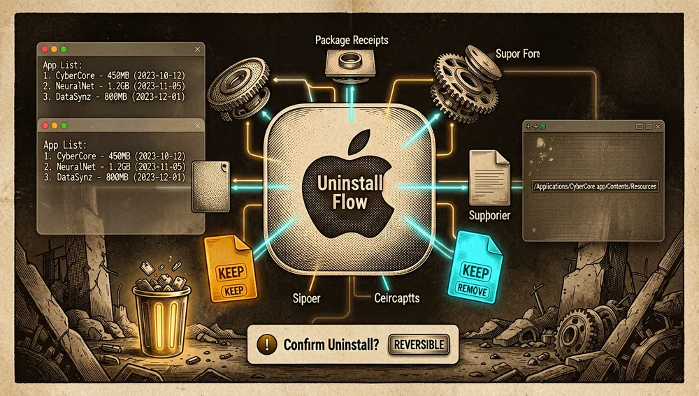 Una ilustración cyberpunk para el comando mo uninstall: un icono de aplicación de macOS disolviéndose en componentes de archivos ocultos ordenadamente organizados como agentes de arranque, preferencias, carpetas de soporte y recibos de paquete, cada componente conectado por líneas brillantes a un flujo central de desinstalación, con un prompt de confirmación y una papelera que solo acepta sobrantes identificados, los archivos compartidos usados por otra app instalada se resaltan en ámbar con una insignia «conservar», mientras los elementos removibles seguros se resaltan en cian con una insignia «eliminar», la terminal muestra una lista de apps con tamaño y fecha, y un panel de vista previa dry-run aparece al lado, 8K