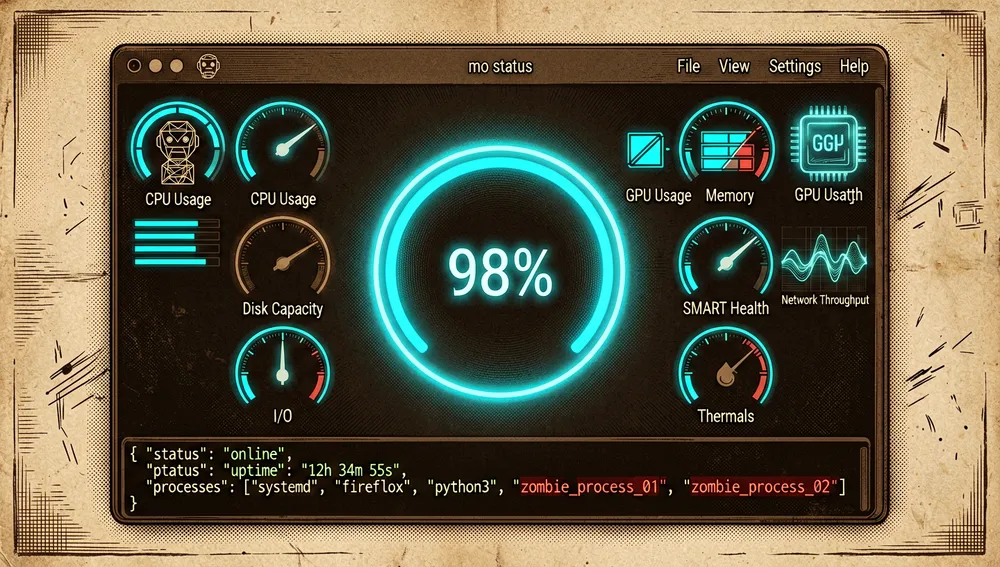 Un dashboard de monitoreo de sistema en vivo para el comando mo status: un panel de terminal en modo oscuro con una puntuación de salud central rodeada de medidores brillantes para CPU, memoria, capacidad de disco, salud SMART, E/S, térmica, batería y tiempo de actividad, barras de CPU por núcleo en cian, uso de GPU como un chip neón, rendimiento de red como formas de onda fluyentes, memoria como una barra segmentada y una lista de procesos con procesos zombie resaltados en rojo, incluye una maqueta de HUD compacto en la barra de menús y un flujo de salida JSON junto a la terminal con --json, --watch y salida NDJSON de una línea, 8K