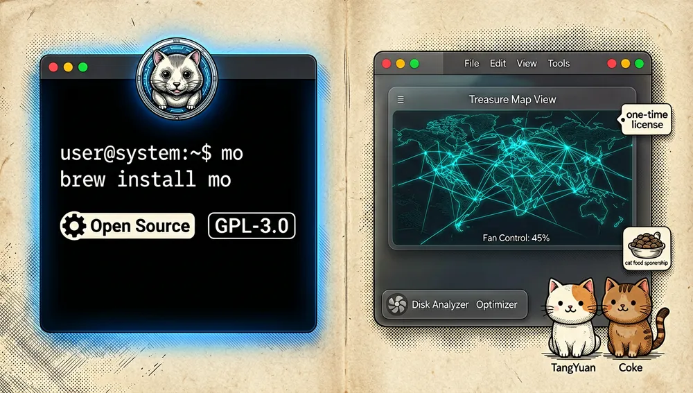 Una imagen de ecosistema en pantalla dividida mostrando la relación entre la CLI gratuita de código abierto y la app nativa de pago complementaria: a la izquierda, una terminal en modo oscuro con el comando mo, insignias de código abierto, etiqueta de licencia GPL-3.0, línea de instalación de Homebrew y un emblema de topo cibernético; a la derecha, una ventana de app nativa SwiftUI pulida con un limpiador, desinstalador, optimizador, analizador de disco con vista de mapa de tesoro y un HUD de monitor de sistema en la barra de menús, incluye una etiqueta de precio sutil que dice «licencia única» y un pequeño widget de control de ventiladores, en la esquina inferior dos gatos pequeños y lindos llamados TangYuan y Coke se sientan junto a un icono de «patrocinio con comida para gatos», renderizado como una opción de apoyo alternativa y amigable, 8K