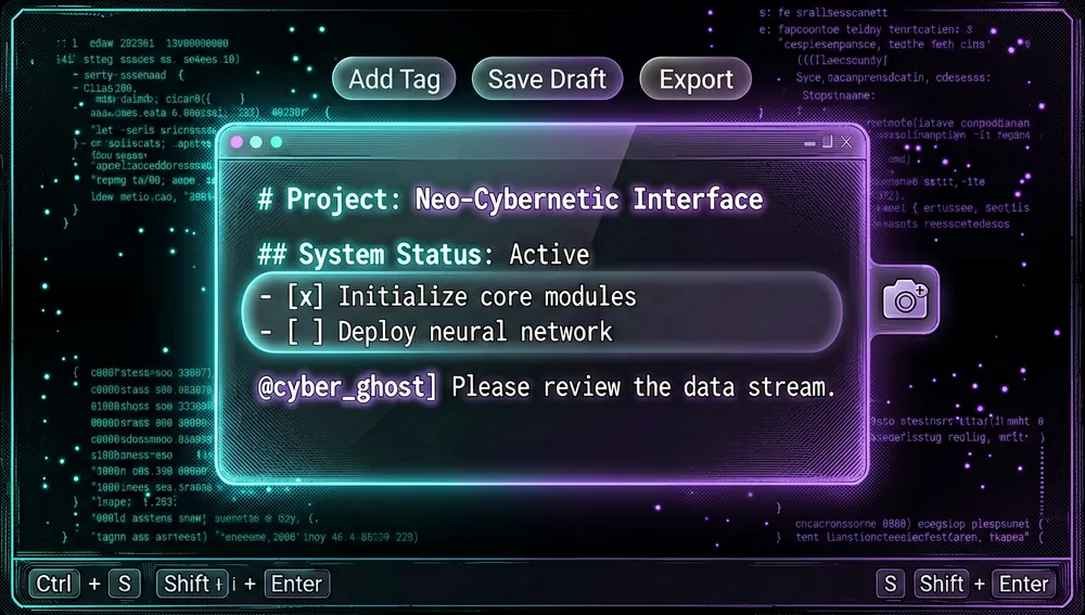 Eine detaillierte Illustration im dunklen Modus eines schnellen Markdown-Noteneditors in einer Cyberpunk-Tech-Umgebung, die ein sauberes Eingabepanel zeigt, in dem roher Markdown-Text sichtbar bleibt, während Überschriften, Fettdruck, Tags und Erwähnungen eine dezente Neon-Hervorhebung vor Ort erhalten, schwebende Autovervollständigungs-Tag-Chips, Tastenkürzel-Icons und ein Fokusmodus-Schimmer um die aktive Zeile, ein kleines Icon für Medienanhänge für Bilder und Dateien, weiche Glaspanels, cyanfarbene und violette Neon-Kanten, dunkler Hintergrund mit schwachen Code-Strömen und Terminal-Partikeln, 8K