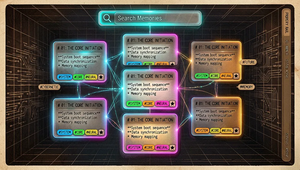 Eine visuell reiche Cyberpunk-Visualisierung im dunklen Modus einer chronologischen Notizzeitleiste, mit mehreren vertikalen Feeds, angeordnet in einer, zwei und drei Spalten, kurze Notizkarten, die wie ein Strom von Erinnerungen nach unten treiben, jede Karte zeigt abstrakte Markdown-Formatierung, Tags, angepinnte Sterne, Kommentarblasen, Reaktionssymbole und winzige verknüpfte Memo-Verbinder, eine oben leuchtende Suchleiste, in der Nähe schwebende Tag-Cloud-Chips, und eine leichte Eigenschaftsschiene an der Seite, Neon-Cyan, Blau, Magenta und Bernstein-Akzente, Glassmorphism, dunkler Rasterhintergrund, 8K