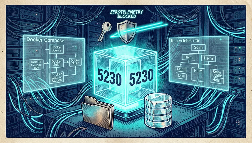 Eine dramatische selbst gehostete Server-Deployment-Szene im dunklen Cyberpunk-Stil, die einen einzigen leuchtenden Docker-Container-Würfel zeigt, der eine Webanwendung auf Port 5230 ausführt, verbunden mit einem gemounteten Datenordner und einem durchscheinenden SQLite-Datenbankkristall, ein Schlüssel-Icon für den Administrator des ersten Nutzers schwebt darüber, ein Schild für eine private Instanz mit null Telemetriesignal, blockiert durch eine Neon-Barriere, Terminalfenster zeigen abstrakte Log-Zeilen, Docker-Compose- und Kubernetes-Helm-Diagramme als schwache holografische Überlagerungen, dunkler Serverraum mit Neon-Kabeln, blaues und cyanfarbenes Glühen, 8K