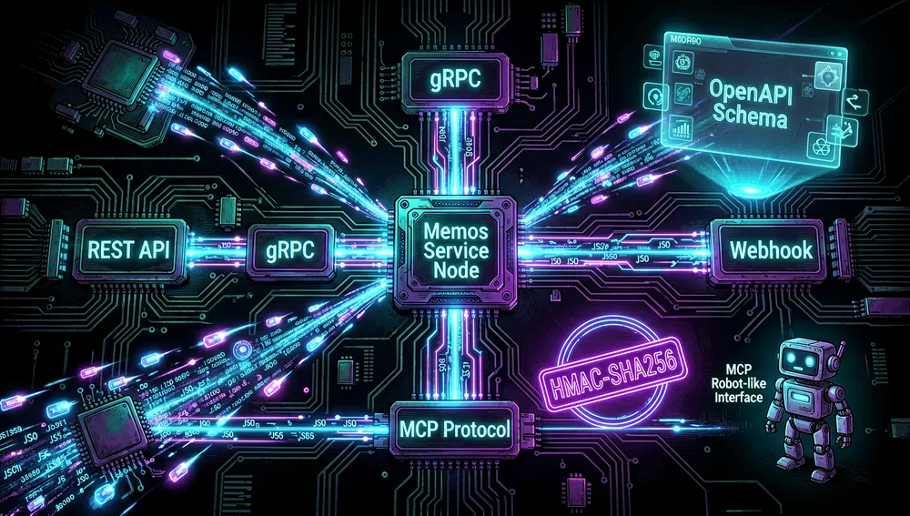 Ein High-Tech-Automatisierungsarchitektur-Bild im dunklen Cyberpunk-Stil, das einen zentralen Memos-Dienstknoten zeigt, verbunden mit REST-API-, gRPC-, Webhook- und MCP-Protokollpfaden, mit leuchtenden Datenpaketen, die zwischen Endpunkten fließen, ein signiertes HMAC-SHA256-Webhook-Token, gerendert als Neon-Kryptografie-Siegel, ein OpenAPI-Schema-Hologramm, das Werkzeuge generiert, serverlose Worker-Knoten, und ein kleines MCP-roboterartiges Schnittstellenmodul, dunkler Hintergrund mit Schaltkreisspuren, leuchtenden Ports und abstrakten JSON-Strömen, cyanfarbene, violette und elektrisch-blaue Akzente, 8K
