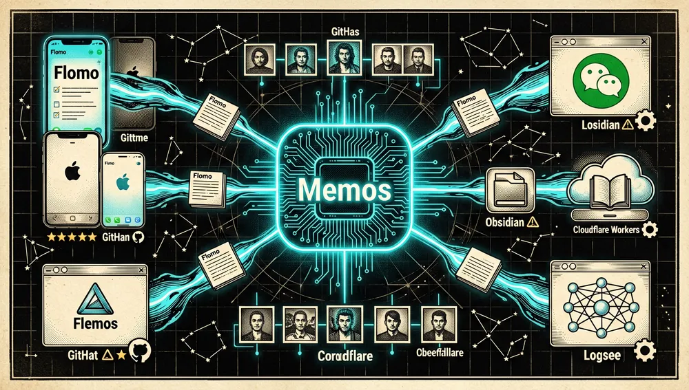 Eine lebhafte Ökosystemkarte in dunkler Cyberpunk-Ästhetik, die den zentralen Memos-Dienst zeigt, verbunden mit mehreren Client-Geräten: Android-Telefon, iOS-Gerät, Desktop-App, WeChat-Mini-Program-Fenster, Cloudflare-Workers-Cloud-Knoten, Obsidian-Vault, Logseq-Graph und eine statische öffentliche Zeitleisten-Galerie, jeder Knoten dargestellt durch ein leuchtendes holografisches Geräte-Icon mit abstrakten Notizkarten, die zwischen ihnen fließen, Sternebewertungen und Repository-Icons als dekorative Neon-Abzeichen, Import-Pfeile von flomo-artigen Memo-Strömen, dunkler Rasterhintergrund mit Konstellationslinien, 8K