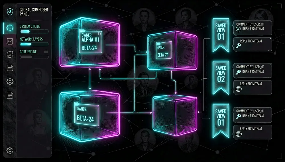 Ein futuristisches Kollaborations-Arbeitsbereichsbild im dunklen Modus, das erstklassige Spaces als durchscheinende Neon-Räume oder -Kammern zeigt, jede enthält individuelle Memo-Eigentümerschaftskarten, eine vereinheitlichte Seitenleiste, ein globales Compositor-Panel, gespeicherte Ansichten, dargestellt als leuchtende Lesezeichen, und unabhängige Kommentarstränge mit Sichtbarkeitssperren, Platzierungspins und Lebenszyklusstatus, private, geschützte und öffentliche Sichtbarkeit dargestellt durch Schild-, Schlüssel- und Globus-Icons, Cyberpunk-Glaspanels, cyanfarbene und magentafarbene Beleuchtung, dunkler Hintergrund mit dezenten Team-Avataren und Verbindungslinien, 8K