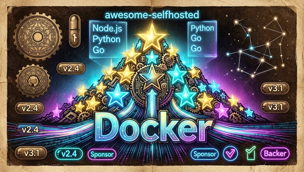 Eine monumentale Community-Wachstumsvisualisierung im dunklen Cyberpunk-Stil, die einen leuchtenden Berg von 62.000 GitHub-Sternen zeigt, einen massiven Docker-Download-Zähler mit abstrakten 10,8-Millionen-Datenströmen, Release-Versionskapseln, die nur mit abstrakten Versionsglyphen beschriftet sind, Contributor-Konstellationen, Sponsoren-Abzeichen als Neon-Siegel, eine awesome-selfhosted-Referenzliste, gerendert als holografischer Index, und ein kostenloses MIT-Open-Source-Lizenz-Emblem, alles angeordnet um eine zentrale, Memos-logo-artige abstrakte Marke ohne lesbaren Text, dramatische blaue, cyanfarbene, violette und goldene Neon-Beleuchtung, 8K