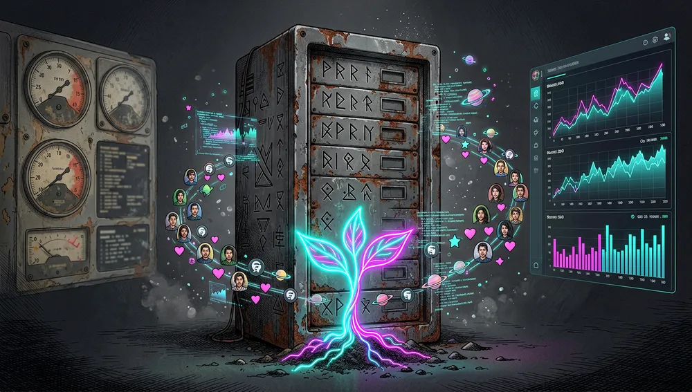 Eine dunkle Cyberpunk-Visualisierung, die den Ursprung eines Community-Forks darstellt: ein verlassenes monolithisches Archiv, gekennzeichnet durch abstrakte Formen statt Text, gedämpft und bedeckt von durchscheinenden Staubpartikeln, während ein heller Neon-Codesprössling an seiner Basis keimt, um den Sprössling herum kreisen kleine Entwickler-Avatare und Beitragsglyphen wie Sterne, was eine aktive Community-Wiederbelebung zeigt, eine Seite zeigt ein verblassendes Legacy-Dashboard, die andere Seite zeigt eine neuere, schärfere Finanz-App-Oberfläche mit leuchtenden Diagrammen, tiefer kohleschwarzer Hintergrund, elektrisch-cyanfarbene und magentafarbene Neonlinien, holografische Codefragmente, schwebende Commit-Graph-Partikel, dramatische Tiefenschärfe, ultra-detailliert, 8K