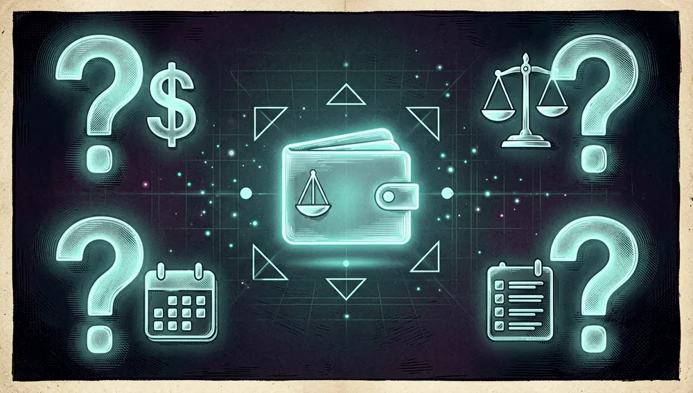 Ein minimalistisches Konzeptbild im dunklen Modus über bewusste Einfachheit in persönlichen Finanzen: vier große holografische Fragezeichen im Kreis angeordnet, jedes gepaart mit einem sauberen abstrakten Icon, das Gesamtgeld, Ausgaben gegenüber Einnahmen, Ausgaben des letzten Monats und Ausgabenkategorien darstellt, die Icons sind elegant, durchscheinend und mit sanftem cyanfarbenem Licht beleuchtet, im Zentrum schwebt eine leuchtende Waage oder ein vereinfachtes Wallet-Dashboard, umgeben von minimalen geometrischen Formen, der Hintergrund ist ein dunkler Verlauf mit schwachen Rasterlinien und dezenten Neon-Partikeln, vermittelt Klarheit, Ruhe und reduzierte Komplexität, ultra-detailliert, cyberpunk-angrenzend, elegant, hoher Kontrast, 8K